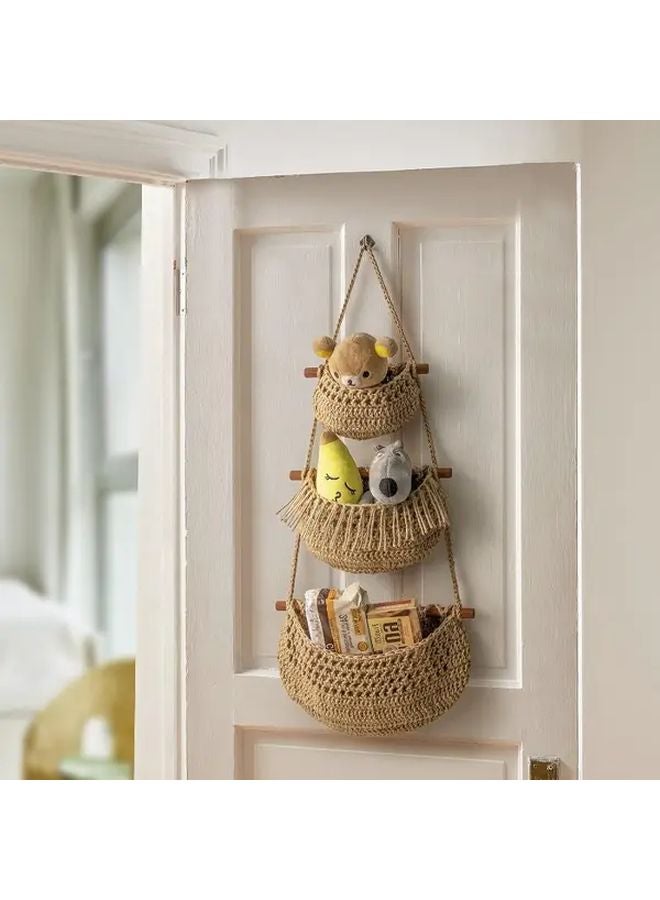 Jute Hanging Basket 3 Tier Over The Door Organizer Wall Storage For Kitchen Pantry - Image 5